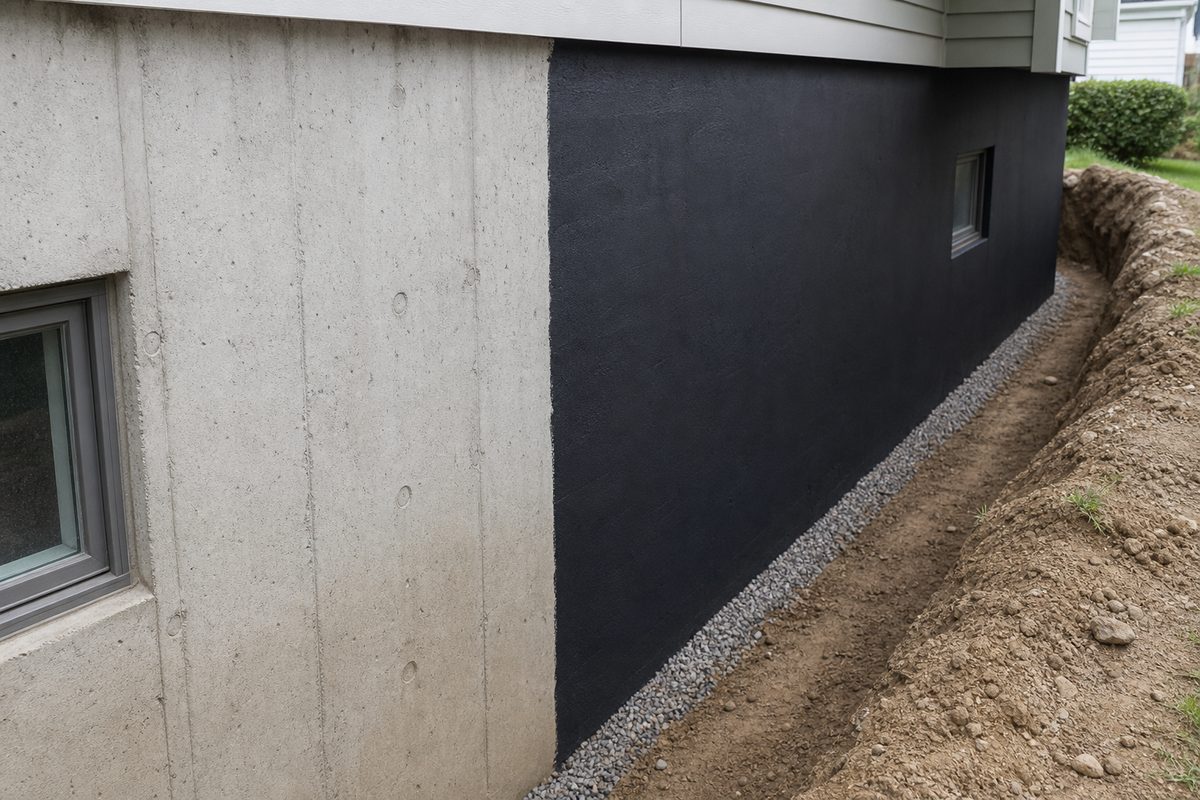 Concrete foundation wall coated with black waterproofing membrane