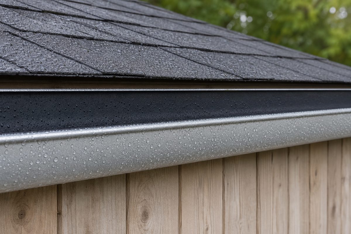 Metal gutter on a shed sealed with dark coating, rain beading