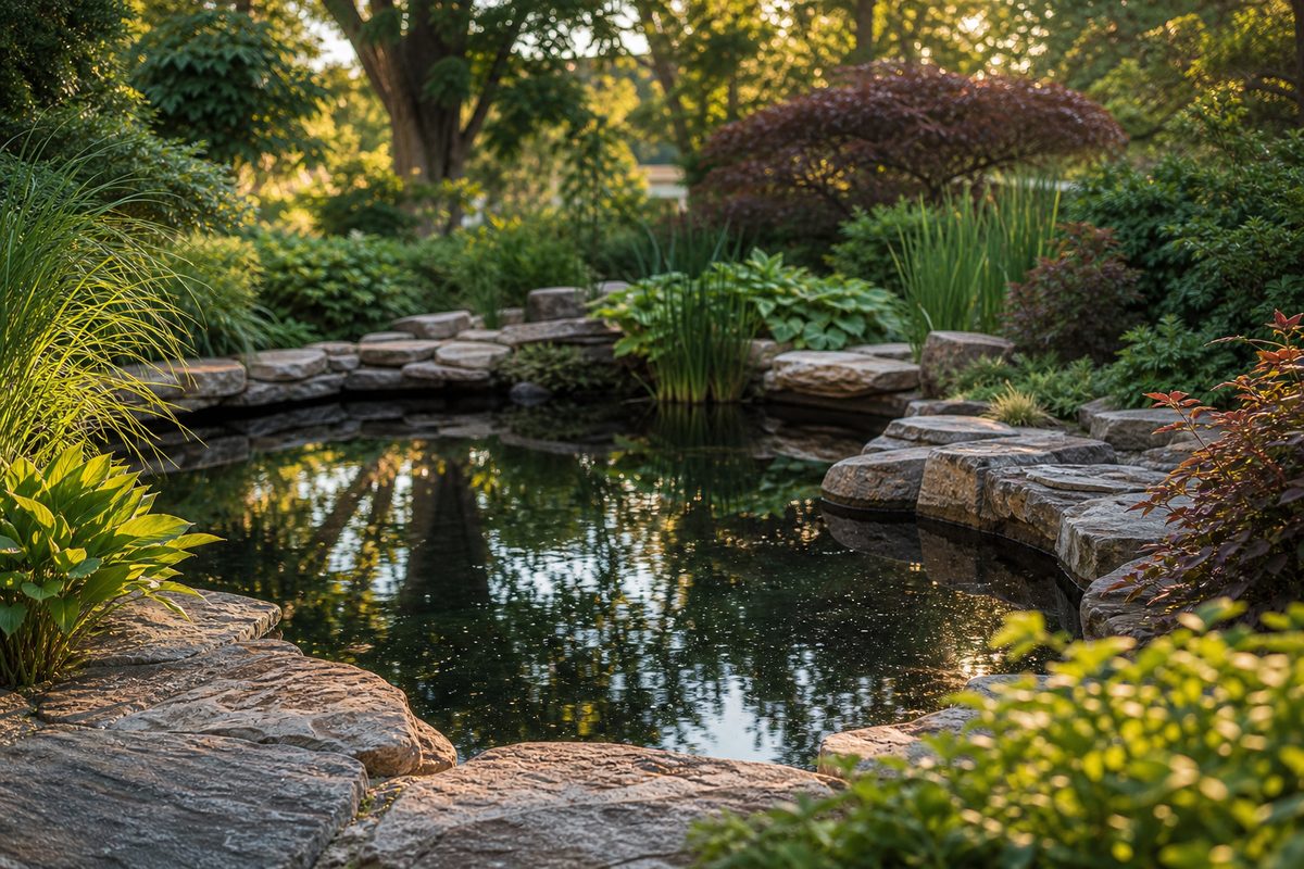 Backyard garden pond with stone edging