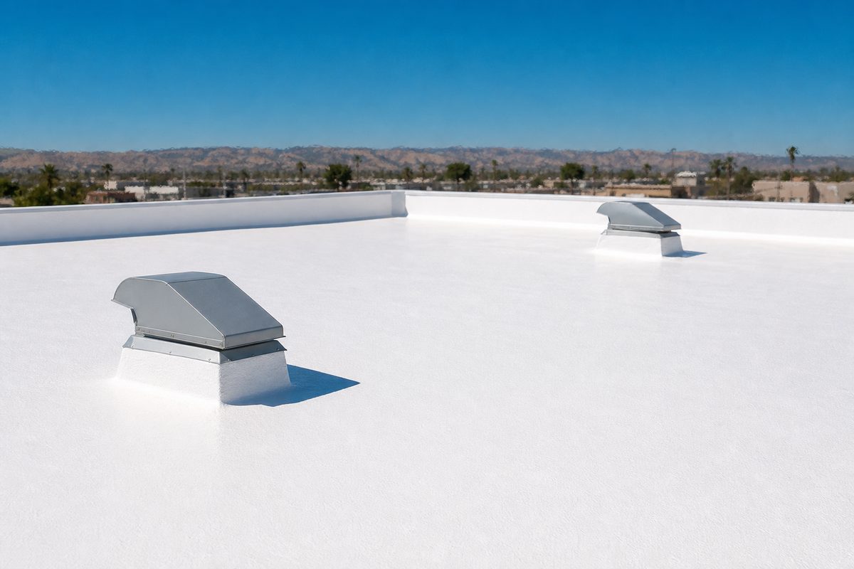 Bright white reflective flat roof under strong sun