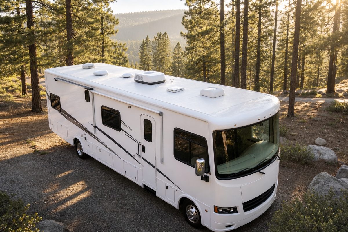 RV with a clean white roof parked at a pine campsite